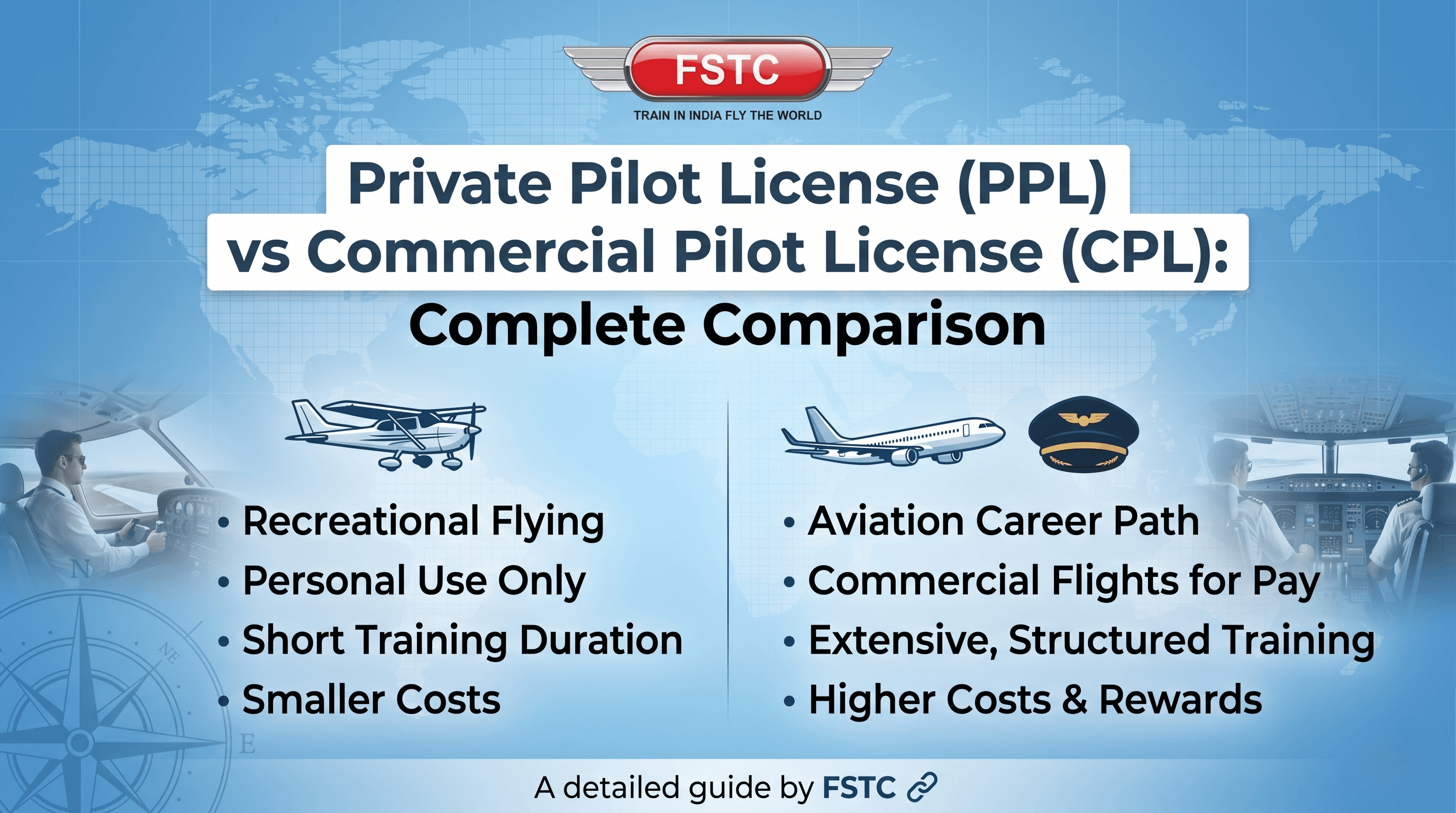 Private Pilot License (PPL) vs Commercial Pilot License (CPL): Complete Comparison